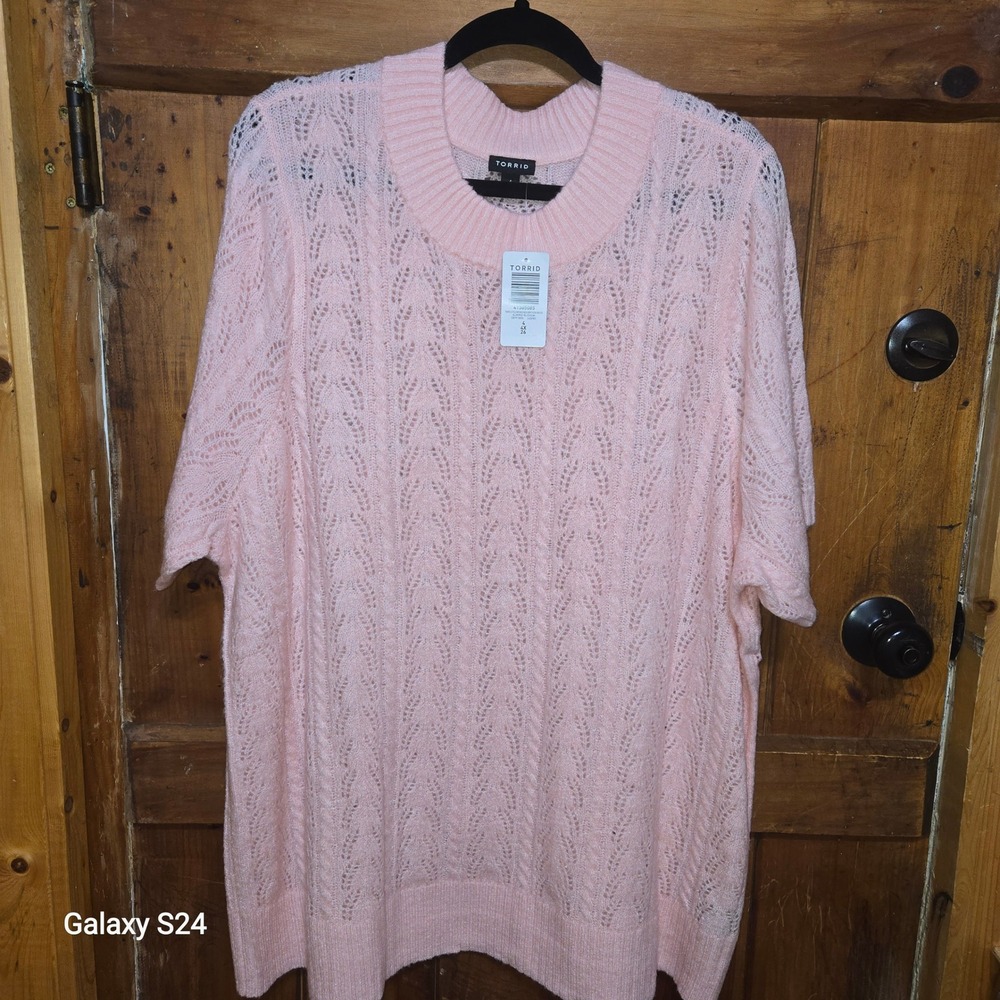 Torrid Almond Blossom Pink Pointelle Mock Neck Short Sleeve Sweater 4 4X NEW - Picture 3 of 5